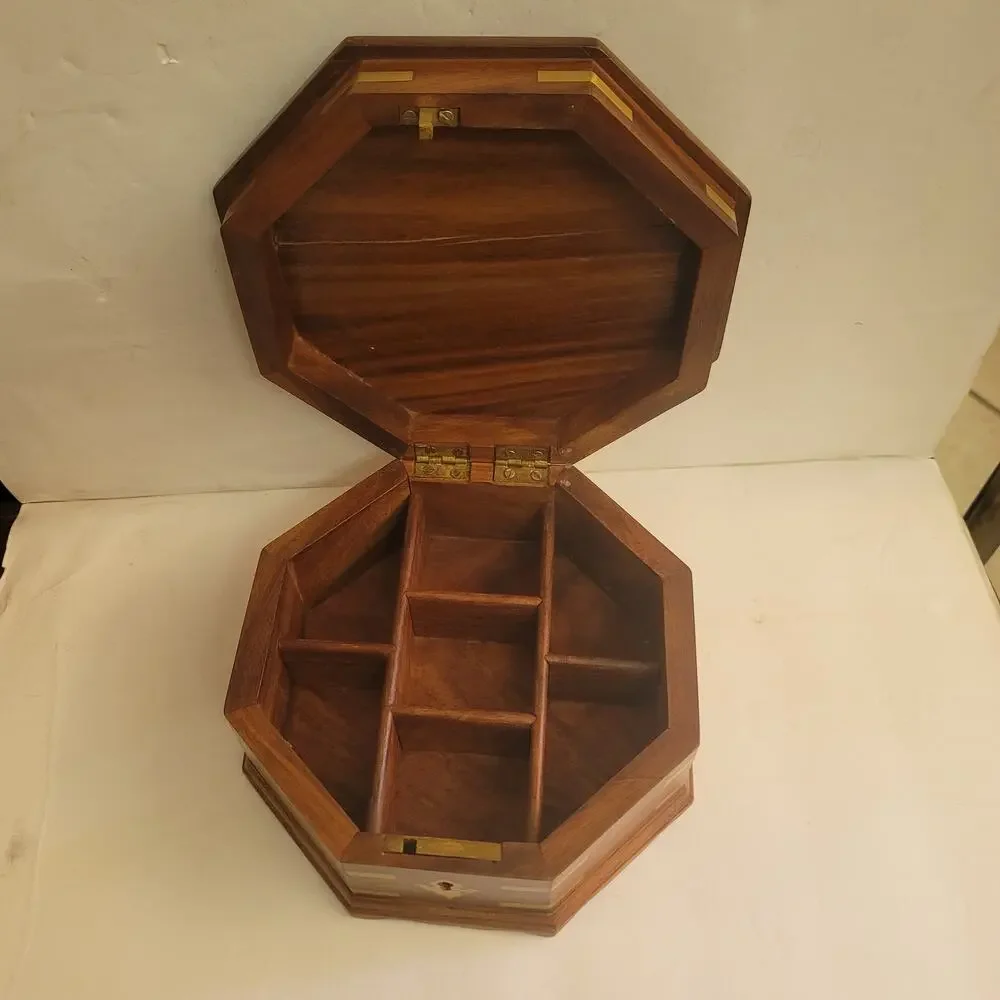 Wood jewelry box with bronze inlay Multi compartment 8